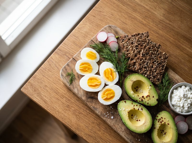 Vajíčka natvrdo, avokádo, knäckebrot
