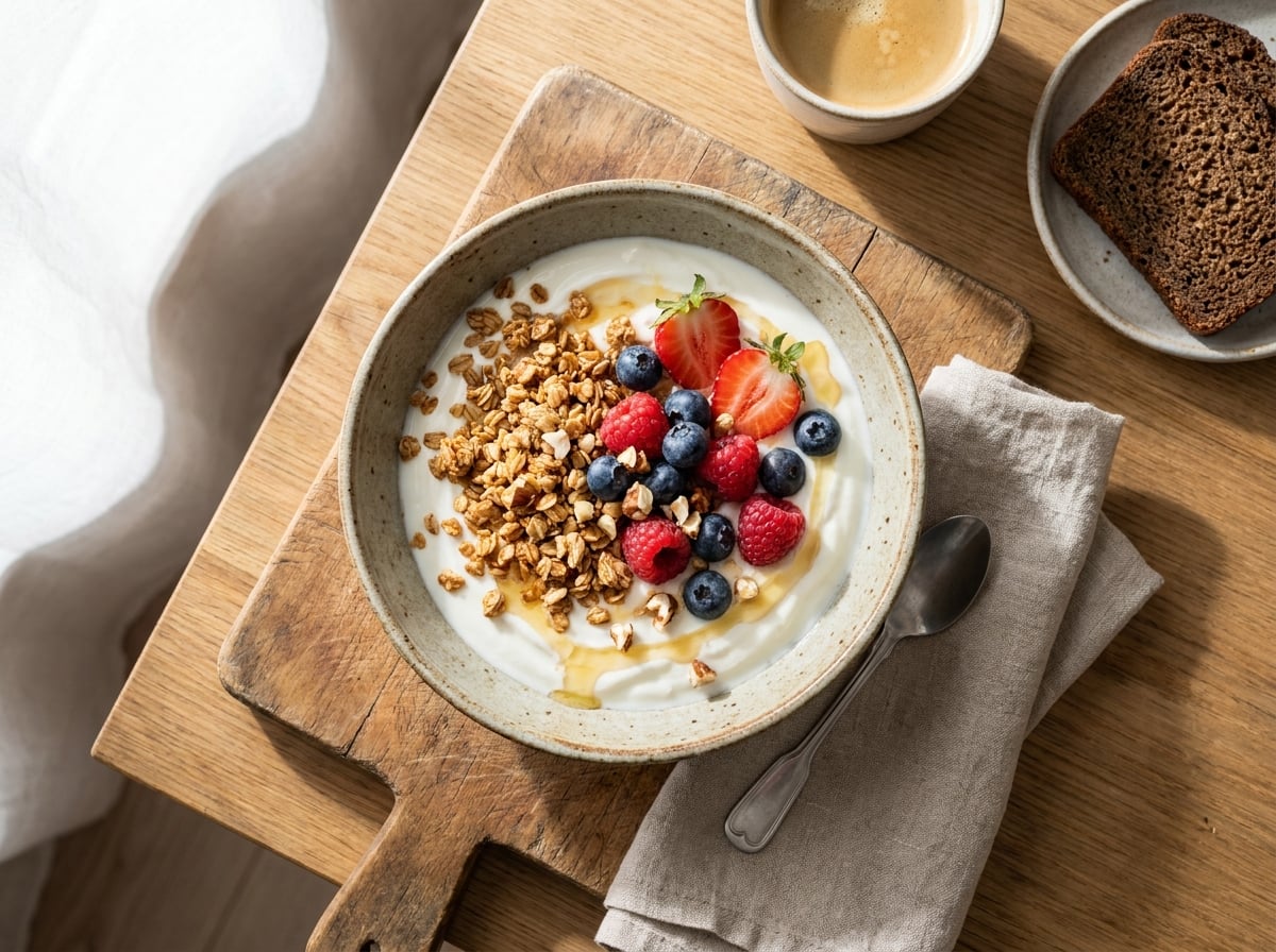 Jogurt s granolou a ovocím ako fit raňajky
